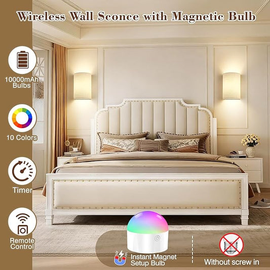 Battery Operated Wall Sconce Set of Two: 10000mAh Wireless Wall Light with Rechargeable Magnetic Bulb - Dimmable Wall Lamp with 7 RGB Colors - Linen Shade Sconces with Remote for Bedroom Living Room