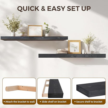 48x6.8x2in Floating Shelf – Natural Black Solid Wood Rustic Mounted Shelf – Heavy Duty Decorative Storage for Living Room, Kitchen, Bathroom, Bedroom