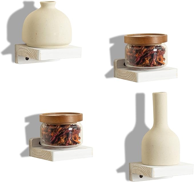 Freezing point Small Floating Shelf for Wall Set of 4 Natural Wood 4Inch Mini Wall Shelves Decor Plant Display Collectibles Mounted Kitchen Bathroom Bedroom Corner Decorative Storage Tiny Stand White