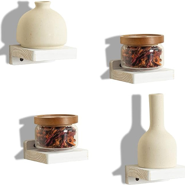 Freezing point Small Floating Shelf for Wall Set of 4 Natural Wood 4Inch Mini Wall Shelves Decor Plant Display Collectibles Mounted Kitchen Bathroom Bedroom Corner Decorative Storage Tiny Stand White