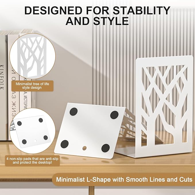 White Bookends 4 Pieces, Tree Design Modern Metal Bookends for Shelves, Unique Tree Book Ends Decorative Book Organizer for Desk, Decorative Shelve Book Stopper for Home Office