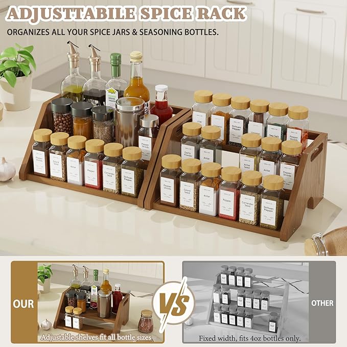 Bamboo Spice Rack Organizer -3-Tier Spice Rack for Countertop,Cabinet Spice Rack Organizer for 18 Spice Jars(4oz)，Step Shelf(Walnut)