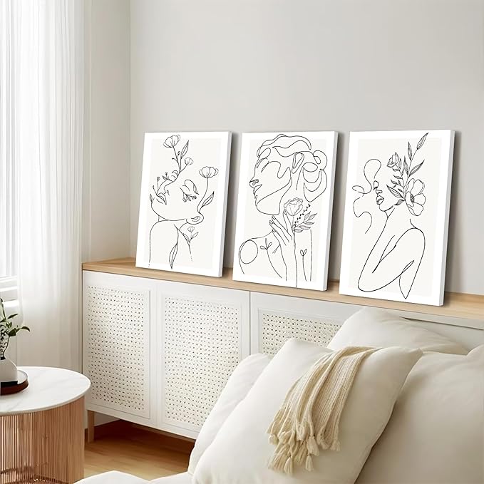 yulihaz Minimalist Woman Flower Line Wall Art Large Framed 16x24 inch Set of 3 Neutral Modern Abstract Black and White Girl Plant Canvas Painting Print Picture Decor for Bedroom Living Room