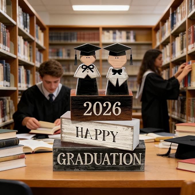 2026 Graduation Table Decorations Class of 2026 Senior Tiered Tray Decor Wooden Block Signs Farmhouse Congrats Grad Tabletop Party Centerpiece for Tables Wooden Sign for Home Decor