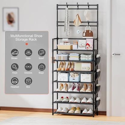 Shoe Rack 7 Tier Shoe Organizer Storage 21-28 Pairs Closet Shoes Rack for Front Door Entrance Shoe Rack Organizer with Hooks Side Pocket Entryway Large Capacity Shoe Shelf Tower Garage