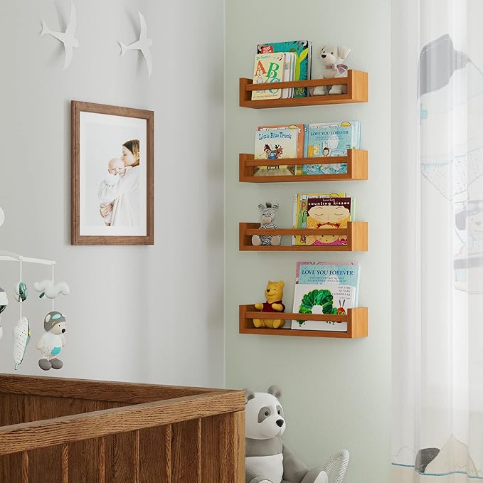 Wallniture Utah Floating Shelves for Wall, Wood Bookshelf for Kids Books, Picture Frames, Nursery Wall Decor, Walnut, Set of 2