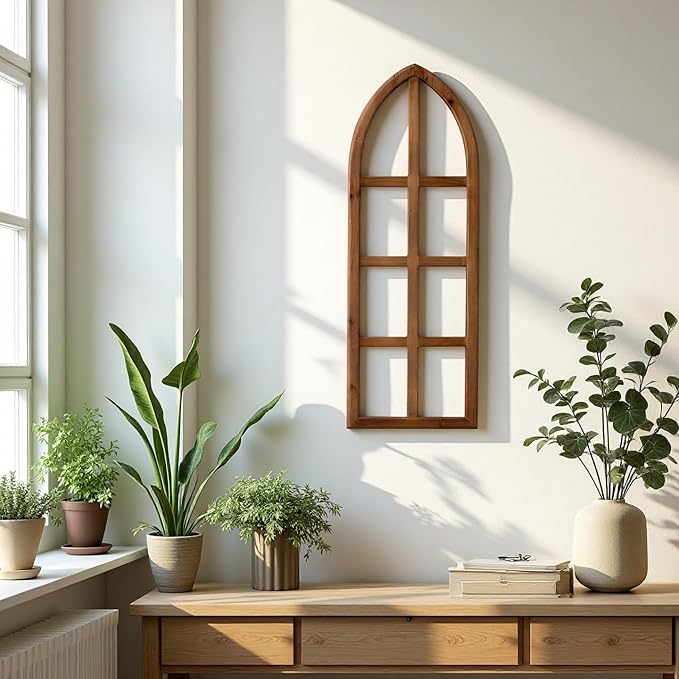 Sintosin Rustic Arch Window Frames for Wall Decor Living Room 12 X 36 Inch, Hanging Burning Finished Wooden Farmhouse Window Frame above Bed Wall Art, Handmade Vintage Wall Decor for Kitchen Hallway