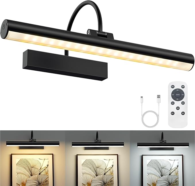 VOLISUN Picture Lights for Wall, 13 inch Rechargable Picture Light Battery Operated, 3 Color Temperatures Cordless Picture Light with Remote, Art Light for Paintings, Gallery, Portrait, 1 Pack (Black)