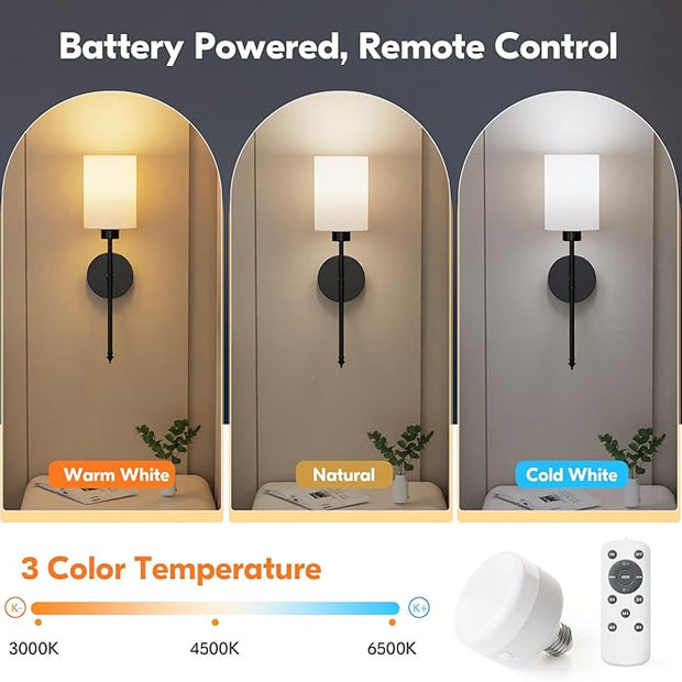 NIORSUN Battery Operated Wall Sconce Set of 2, Black Wireless Rechargeable Wall Lights with 5200mAh Dimmable Detachable Bulbs and Remote, 9 Colors Sconces Wall Decor for Bedroom Living Room Hallway