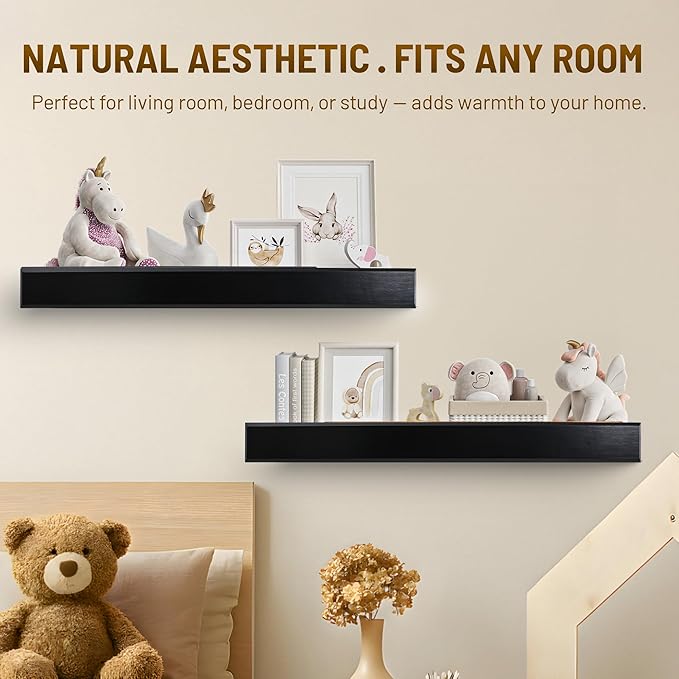 32 Inch Picture Ledge Shelf with Lip,Floating Shelves for Wall, Set of 2 Solid Pine Wood Shelves with Invisible Brackets, Wall Storage for Living Room, Bedroom, Kitchen, Bathroom(Black)
