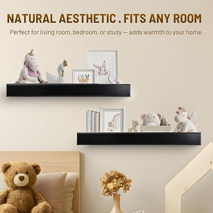 32 Inch Picture Ledge Shelf with Lip,Floating Shelves for Wall, Set of 2 Solid Pine Wood Shelves with Invisible Brackets, Wall Storage for Living Room, Bedroom, Kitchen, Bathroom(Black)