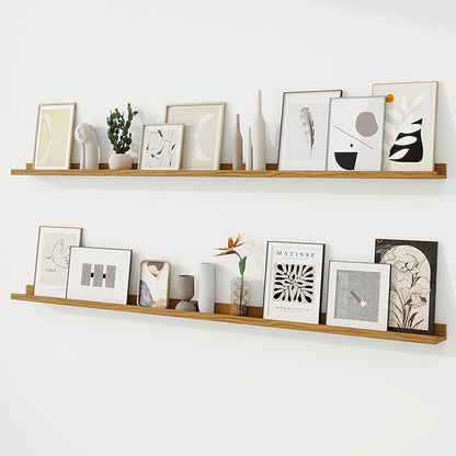 RICHFOCUS Picture Ledge Shelf, 72 inch Floating Shelves Set of 2, Wood Wall Shelves with Lip, Wall Decor Storage for Bedroom Living Room Bathroom Kitchen Nursery Photo Picture, Oak