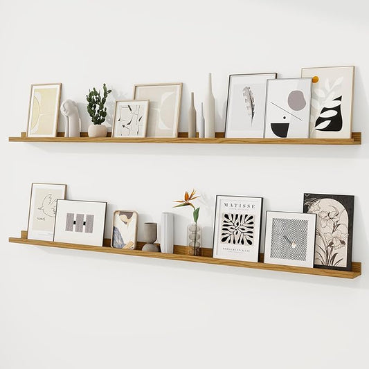 RICHFOCUS Picture Ledge Shelf, 72 inch Floating Shelves Set of 2, Wood Wall Shelves with Lip, Wall Decor Storage for Bedroom Living Room Bathroom Kitchen Nursery Photo Picture, Oak