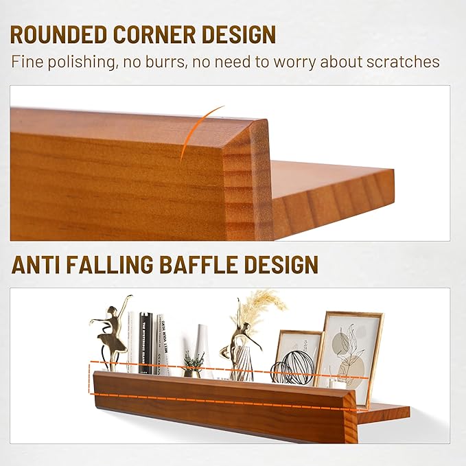 32 Inch Picture Ledge Shelf with Lip,Floating Shelves for Wall, Set of 2 Solid Pine Wood Shelves with Invisible Brackets, Wall Storage for Living Room, Bedroom, Kitchen, Bathroom(Dark Brown)