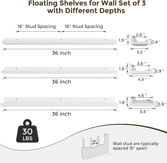 RICHFOCUS Floating Shelves for Wall, 36 inch Solid Wood Picture Ledge Shelf for Wall Storage, Nursery Book Shelves with Lip for Living Room Bathroom Bedroom Kitchen, Set of 3, Washed White