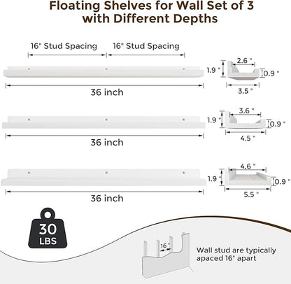 RICHFOCUS Floating Shelves for Wall, 36 inch Solid Wood Picture Ledge Shelf for Wall Storage, Nursery Book Shelves with Lip for Living Room Bathroom Bedroom Kitchen, Set of 3, Washed White