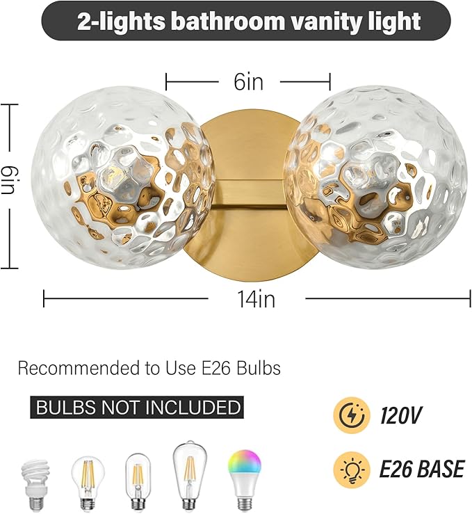 Gold Bathroom Vanity Light Fixtures: Modern Wall Scones With 2 Hammered Clear Glass Shades - Globe Makeup Lighting Fixture over Mirror - Brass Ball Powder Room Vanities Lights for Hallway Bedroom