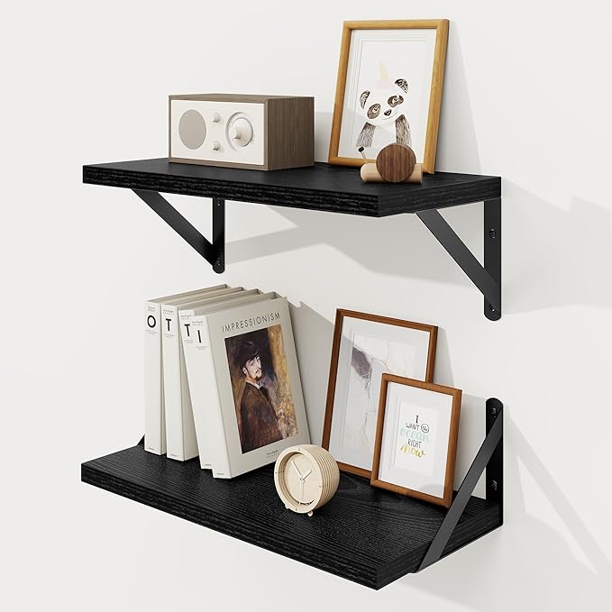 Floating Shelves, 8 Inch Deep Rustic Wood Wall Storage, 16W x 8D Wall Shelves Set of 2, Heavy Duty Metal Brackets, Industrial Book Shelf for Living Room, Kitchen, Bathroom, Bedroom, Black