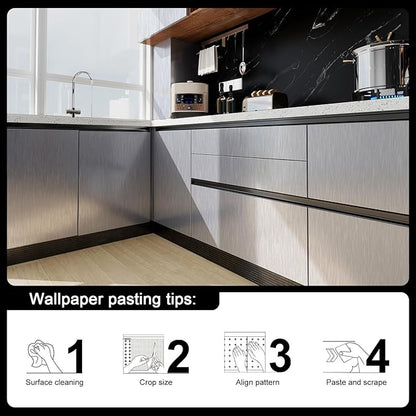 Stainless Steel Contact Paper 23.6"x 196" Silver Stainless Steel Contact Papers Peel and Stick Countertop Removable Self Adhesive Thick Texture Vinyl Waterproof Wallpaper for Fridge Kitchen Cabinets