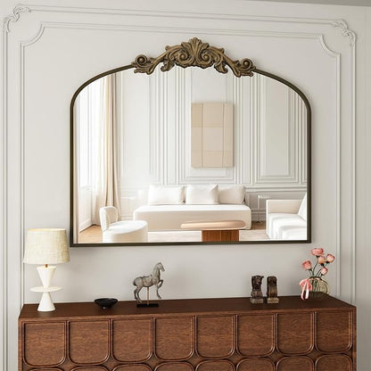 Vintage Wall Mirror, 30"x36" Arched Mirror for Vanity, Antique Decorative Mirrors with Carved Metal Frame for Bedroom, Living Room, Entryway, Fireplace, Hallway, Bronze