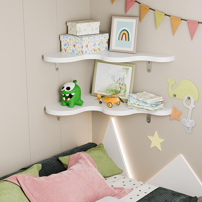 Cute Cloud Shelves, Wavy Corner Shelf, Cloud Wall Shelves with Brackets, Cute Nursery Decor, Corner Bedroom, Living Room, Bathroom & Home Decor, White