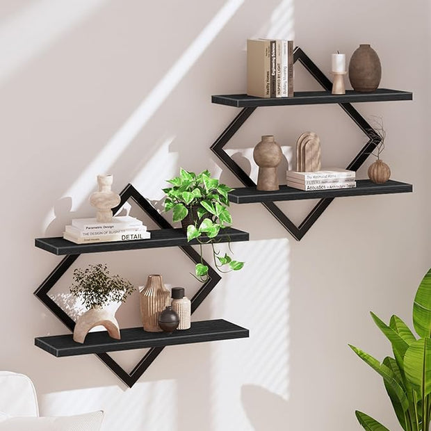 Floating Shelves, Set of 2 Wall Shelves, 2-Tier Hanging Shelves, Wall Shelf Set of 2, Wall Mounted Shelves, for Living Room, Bedroom, Kitchen, Office, Study, Black TBJ01P2BB