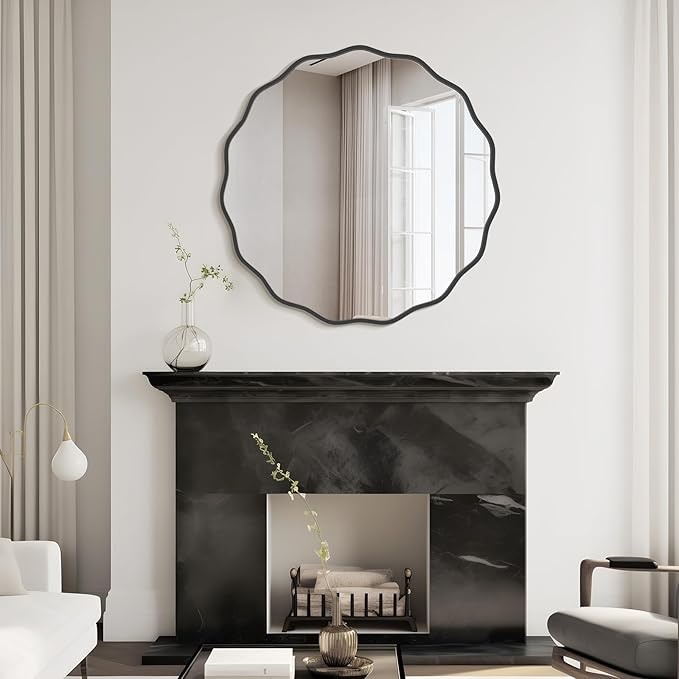 WallBeyond Round Wavy Mirror for Wall Decorative 32 inch, Modern Round Mirror Aluminum Frame for Bathroom Bedroom Living Room Home House Office Entryway, Black