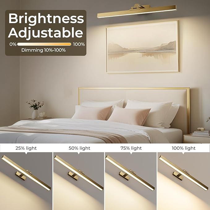 Picture Lights for Wall, Brass Battery Operated Picture Light 24in Art Light CCT Dimmable Recharging Battery Wall Light with Remote Control for Living Room Gallery