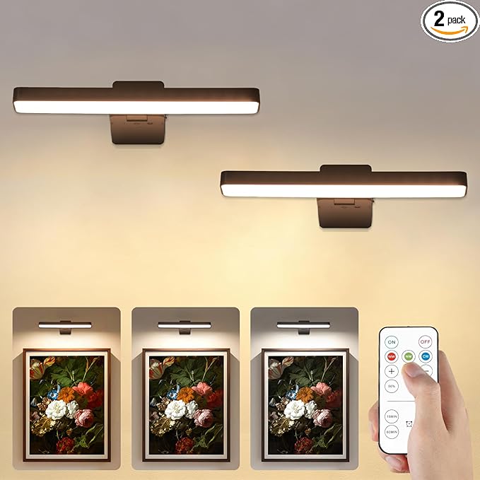 Battery Operated Picture Lights for Wall, Black Wireless Art Light for Paintings, Rechargeable Display Light for Picture with Remote, 3 Color Poster Lights for Portraits Frame Wall Decor (2 Pack)