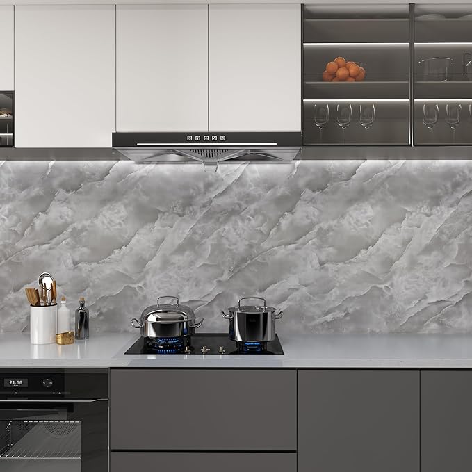JSEVEM 24"×197" Wide Thick Grey White Cloud Pattern Marble Wallpaper Peel and Stick Waterproof Glossy Textured Gray White Marble Contact Paper Vinyl DIY Removable Wall Stickers for Bedroom Living Room