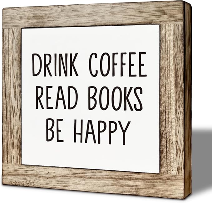 Coffee Bar Decor, Read Book Decor Sign, Drink Coffee Read Books Be Happy Wooden Box Sign, Wood Signs for Bookstore Cafe Bar, Rustic Wooden Table Top Decoration 5.9×5.9 inch