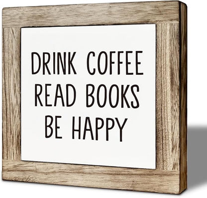 Coffee Bar Decor, Read Book Decor Sign, Drink Coffee Read Books Be Happy Wooden Box Sign, Wood Signs for Bookstore Cafe Bar, Rustic Wooden Table Top Decoration 5.9×5.9 inch