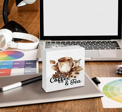 Coffee and Tea Bar Decor Wooden Sign,Tea Bar Accessories Home Office Tabletop Shelf Decor, Gifts for Coffee Lovers Women,5x5