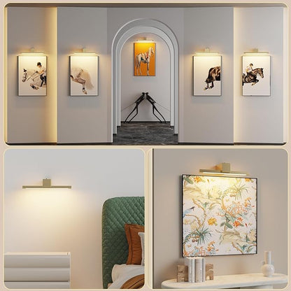 Picture Lights for Wall,Battery Operated Art Light,12in Gallery Light for Paintings,3CCT Dimmable,Metal Finish Recharging Battery Wall Light with Remote Control for Pictures Display(Gold)