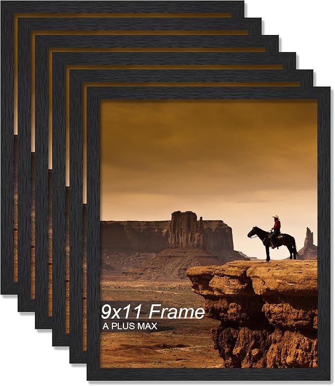 A PLUS MAX 9x11 Picture Frame Set of 6, Black Engineered Wood Frame for 9 x 11 Inch Picture Poster Photo, Light Weight 9 by 11 Frame with Wood-grain for Wall - 6 Pack/Black/9"x11"