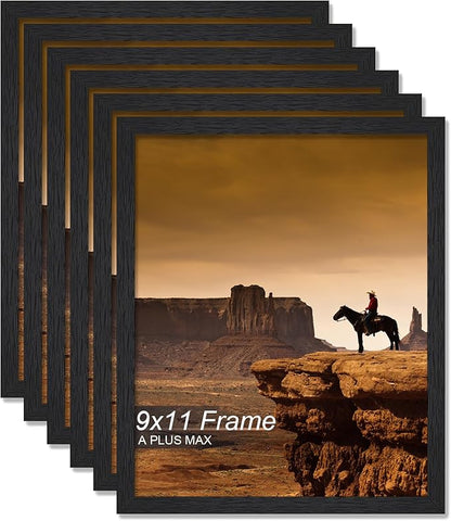 A PLUS MAX 9x11 Picture Frame Set of 6, Black Engineered Wood Frame for 9 x 11 Inch Picture Poster Photo, Light Weight 9 by 11 Frame with Wood-grain for Wall - 6 Pack/Black/9"x11"