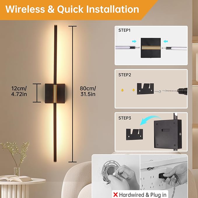 Battery Operated Wall Sconce Set of 2, 10400mAh Wireless Wall Sconces, 3000K-6000K Dimmable, 350°Rotate, Indoor Wall Lights with Remote for Bedroom Living Room Bathroom, Black Gold, 31.5 Inch