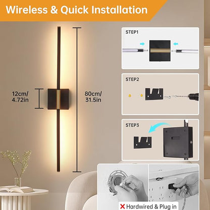 Battery Operated Wall Sconce Set of 2, 10400mAh Wireless Wall Sconces, 3000K-6000K Dimmable, 350°Rotate, Indoor Wall Lights with Remote for Bedroom Living Room Bathroom, Black Gold, 31.5 Inch