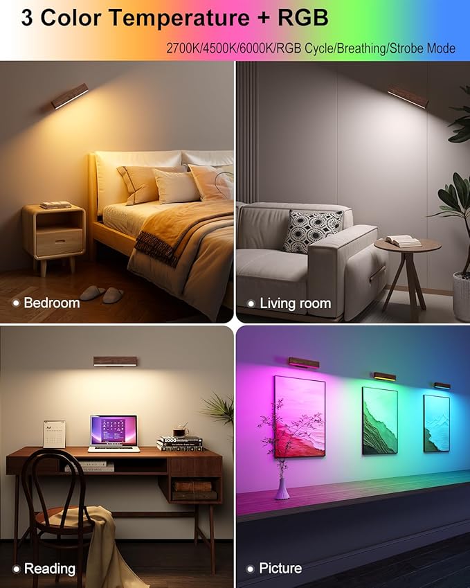 Rechargeable Wood Wall Sconce (2 Pack) with Remote & Touch, 5200mAh Battery Operated Wall Lights with 3 Color Temperatures & RGB. Magnetic, Stick-On, Dimmable Wall Reading Lamp for Bedroom, Picture