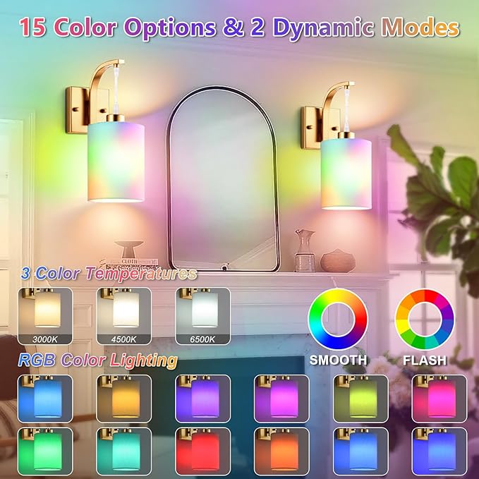 Battery Operated Wall Sconces Set of 2, Brass Gold Rechargeable Wall Sconces with Remote & Bulbs, Indoor Not Hardwired Wall Lights, 15 Colors Dimmable Cordless Wall Lamps for Living Room Hallway Foyer