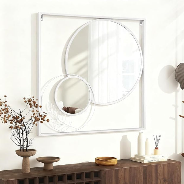 White Circle Wall Mirror, Square Wall Mounted Mirror Set Round Modern Art Decorative Mirrors for Living Room Bathroom 24x24 Inch Decor