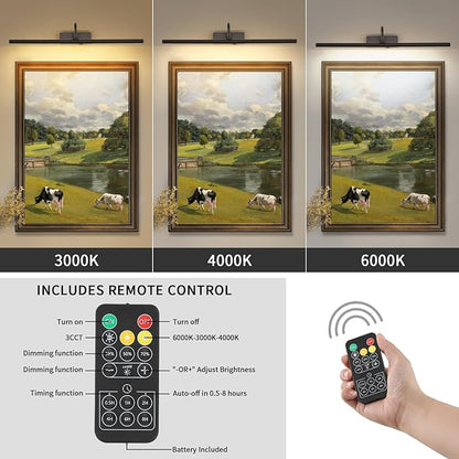 Black Picture Light, 24inch Wireless Picture Lights for Wall Rechargeable, 10000mAh Battery Wall Light with Remote, 3 Color Art Lighting for Paintings with Timer and Dimmable for Display, Gallery