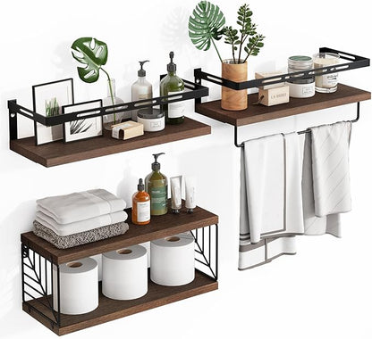 Fixwal 3+1 Tier Wall Mounted Bathroom Shelves Over Toilet, Rustic Wood Floating Shelves with Metal Frame and Towel Bar for Bathroom, Kitchen, Bedroom, Living Room (Dark Brown)