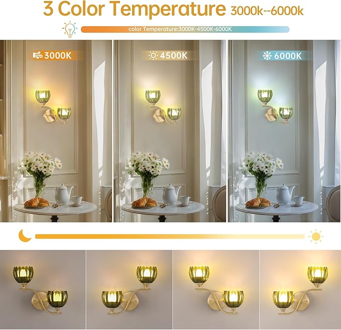 Battery Operated Wall Sconce, 2-Lights Vinatge Brass Wall Lighting with Green Tluip Shade Rechargeable Bulb with Remote for Living Room, Bedroom，Symmetrical 2 Pack