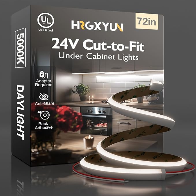 Hardwired LED Cabinet Lighting Strip -UL Listed 24V Flexible Under Shelf Light with Adhesive Backing, 5000K Cool White 810LM/M LED Strip for Closet, Pantry,72in/6ft，Power Adapter not Included