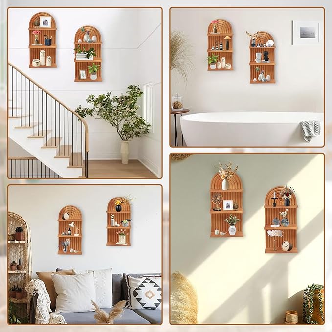 2 Pieces Boho Wall Shelf,3 Tier Arch Wooden Mid Century Shelves Decorative Rainbow Hanging Shelves,Bohemian Floating Shelves,wall Mounted Wood ArchWall Decor for Living Room Display (02)