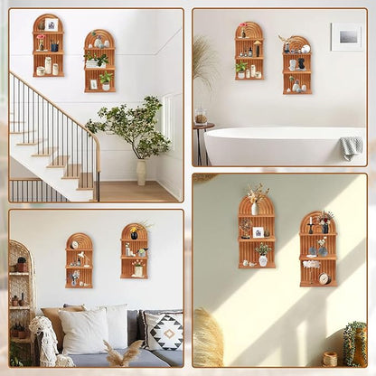 2 PCS Boho Wall Shelf with Screws, Wooden Rainbow Wall Shelves Mid Century Boho Arch Shelf, Boho Decor Shelves for Bathroom, Bedroom, Kitchen Decoraction and Storage (Wood-05)