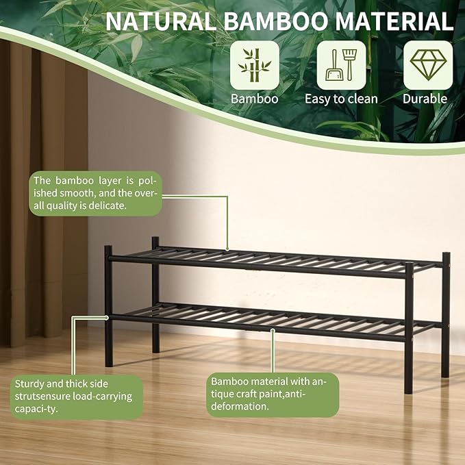 2-Tier Bamboo Long Shoe Rack, Free Standing Wood Shoe Shelf Storage Organizer for Closet Entryway Stackable 35