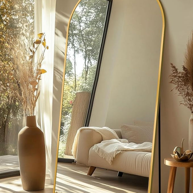 Full Length Mirror with Stand, 71"x28" Arched Full Body Large Stand Up Aluminum Frame Floor Standing Mirror, Freestanding Hanging Leaning Mounted for Bedroom Living Room Entryway Gold
