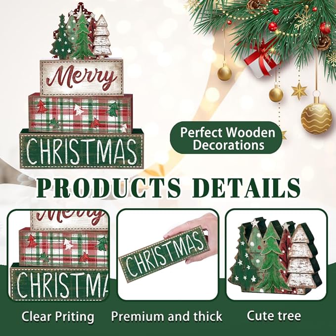 DIYDEC 4Pcs Christmas Table Decoration Green Tree Wooden Block Sign Christmas Tiered Tray Decor Winter Centerpiece Decorative Sign for Xmas Holiday Tabletop Coffee Fireplace Shelf Desk Party Decor